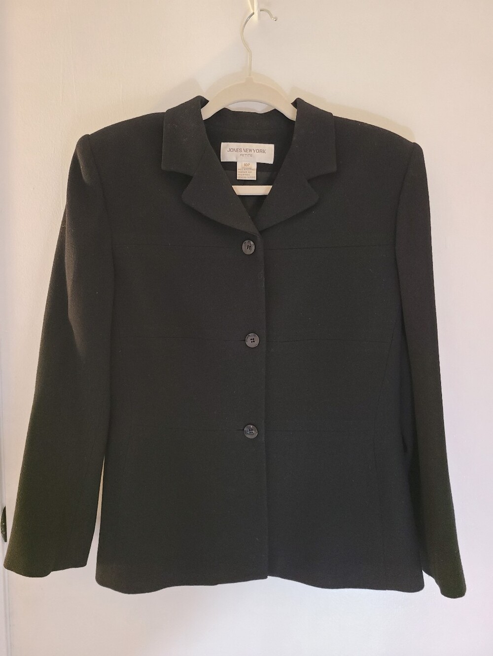 Jones New York Petite 8-10P Black 100% Wool Blazer Jacket Structured Vintage 90s